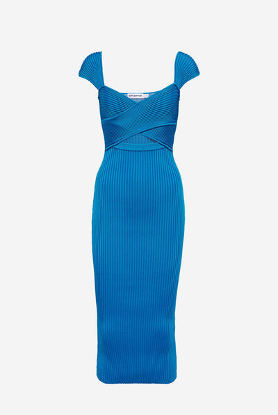 Bright Blue Ribbed Knit Crossover Bust Midi Dress