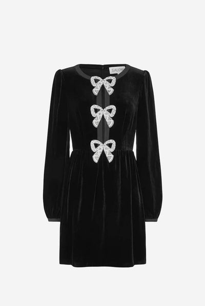 Camille Velvet Embellished Bows Mini Dress In Black