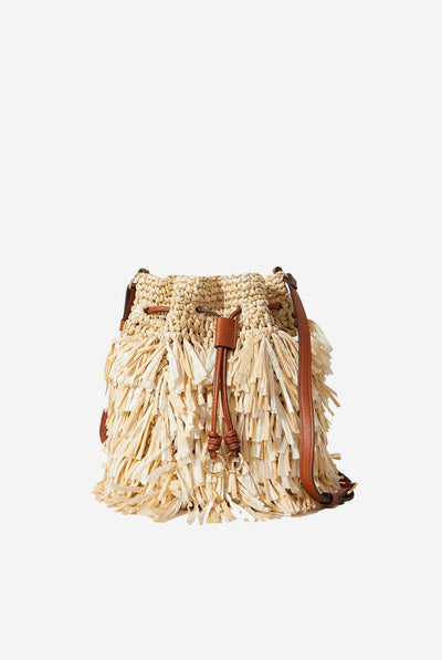 Gigi leather-trimmed fringed raffia bucket bag